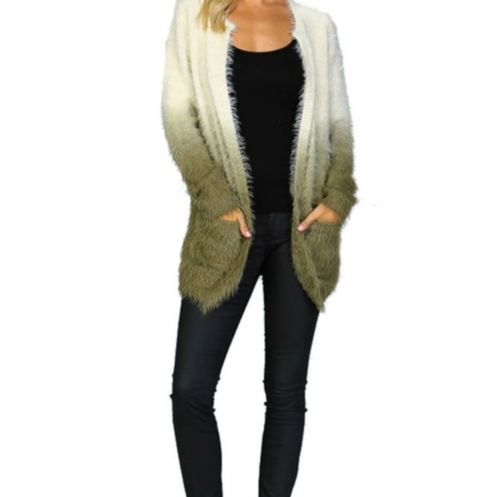 Listicle Green Ombre Shaggy Fur Open Cardigan